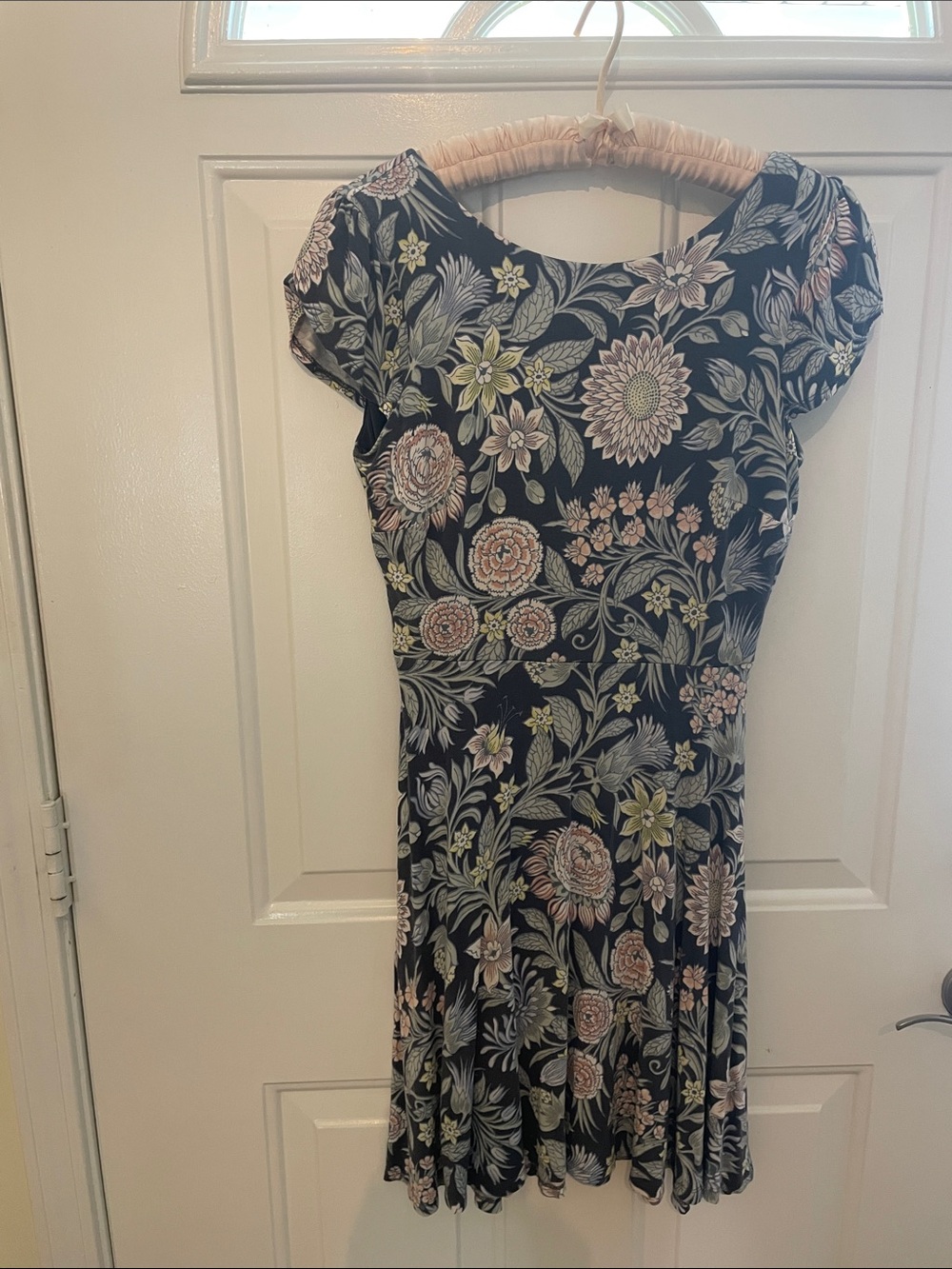 LOFT Black Floral Mini Dress with Pink and Green Flowers